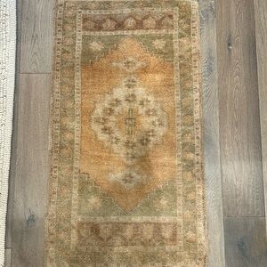 Vintage oushak rug approx 2’ x 3.5’, muted gold, brown, orange, green neutral